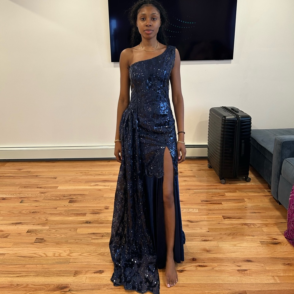 Custom One-Shoulder Navy Sequin Evening Gown